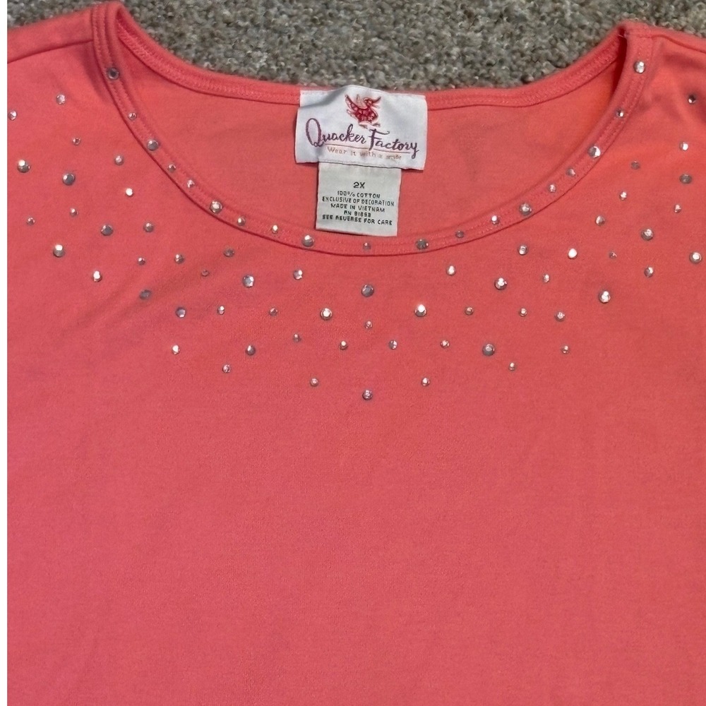 Quacker Factory Sleeveless Top Size 2X Womens Coral Rhinestones Sparkle Cotton - Picture 2 of 8